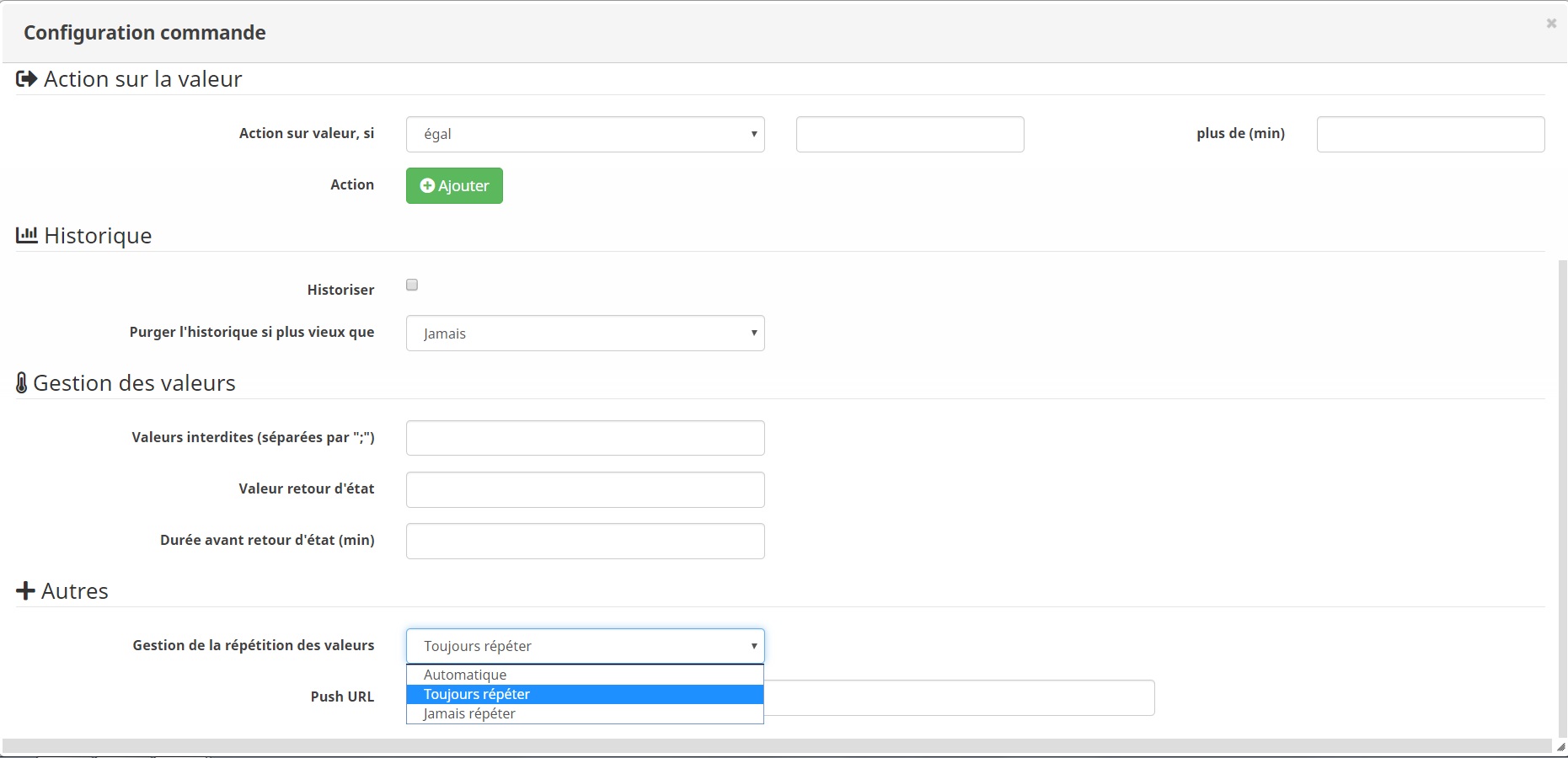 Ecran de configuration des paramètres avancés d'une commande