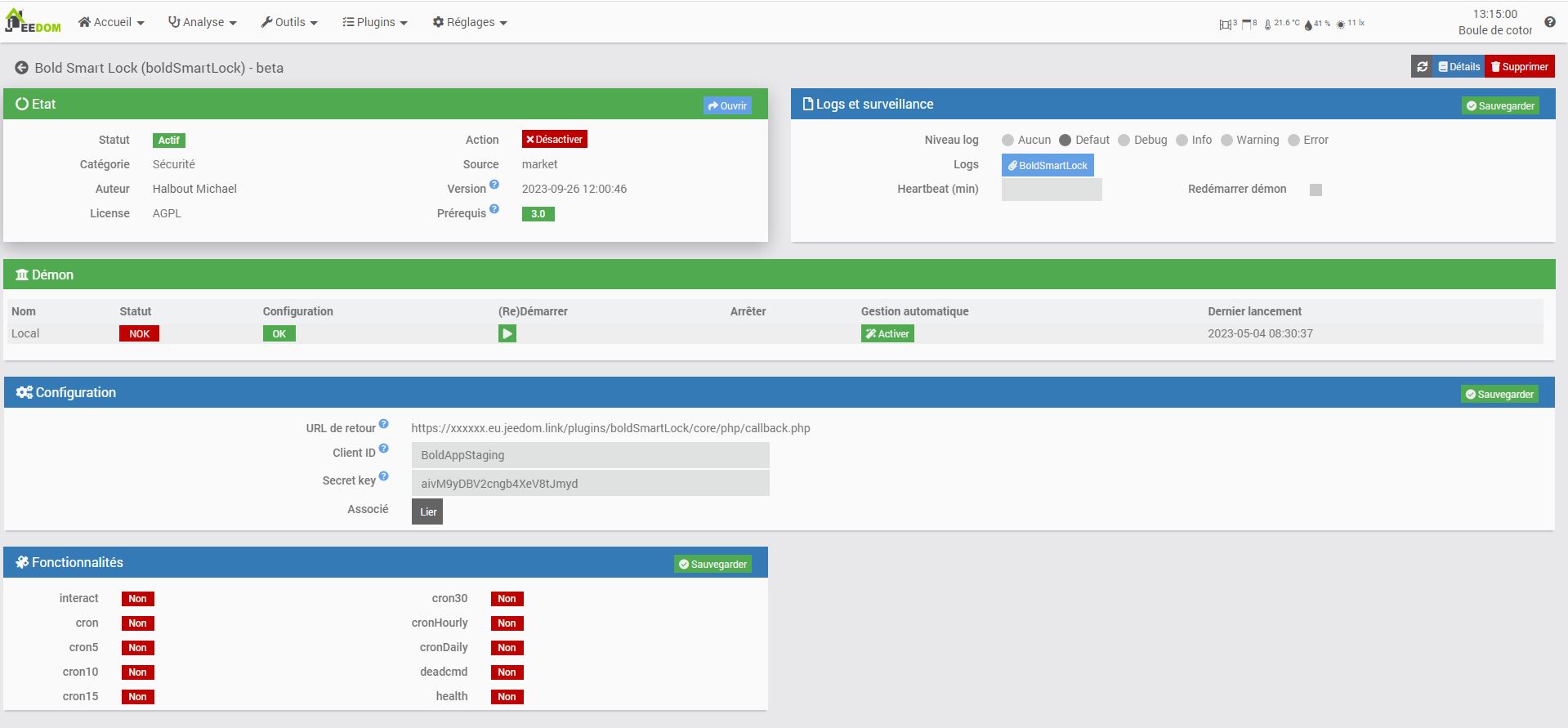 Page de configuration du plugin 